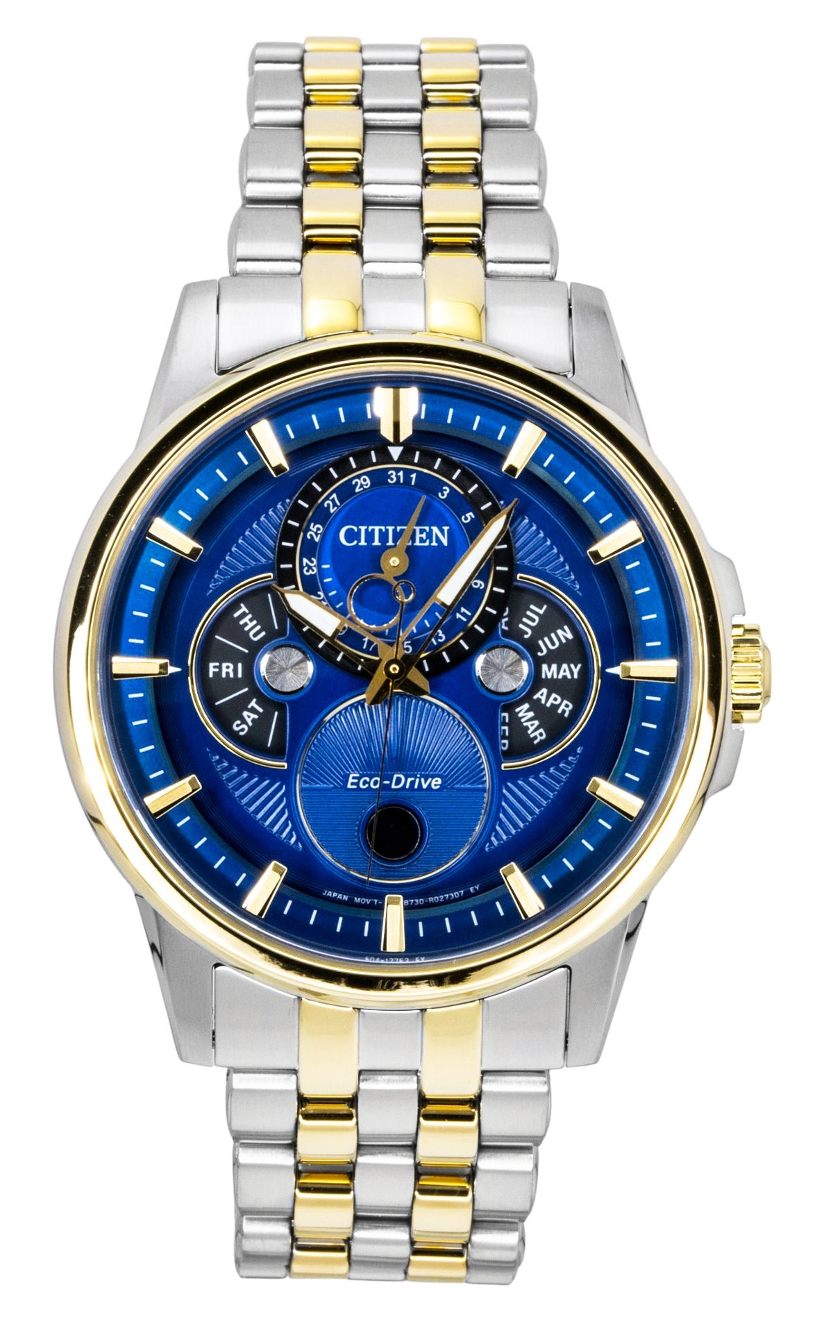 Citizen Calendrier Moonphase Two Tone Stainless Steel Blue Dial Eco-Drive BU0054-52L 100M Men's Watch