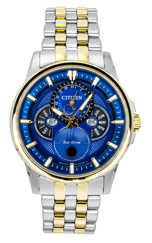Citizen Calendrier Moonphase Two Tone Stainless Steel Blue Dial Eco-Drive BU0054-52L 100M Men's Watch