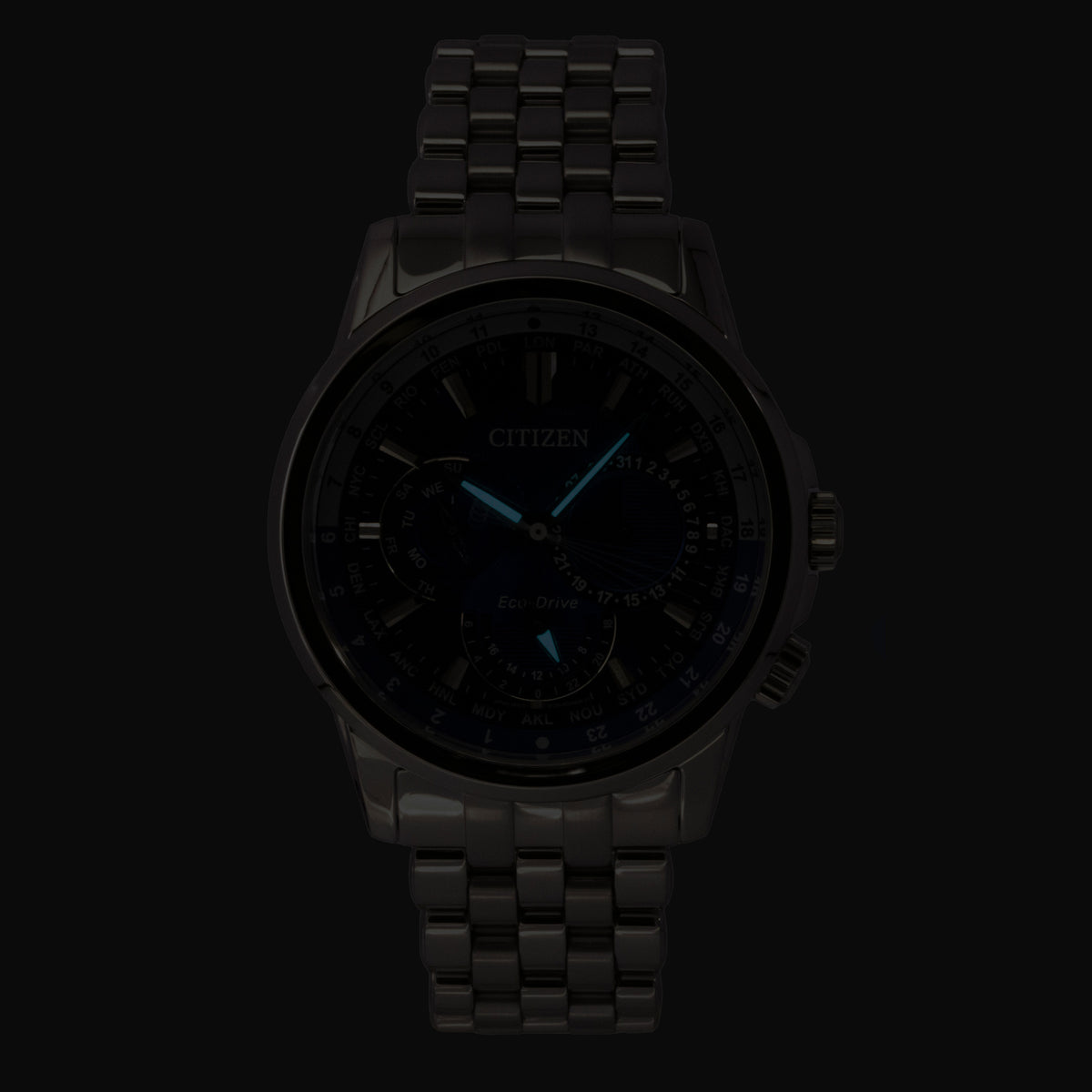 Citizen Calendrier World Time Stainless Steel Blue Dial Eco-Drive BU2021-51L 100M Men's Watch