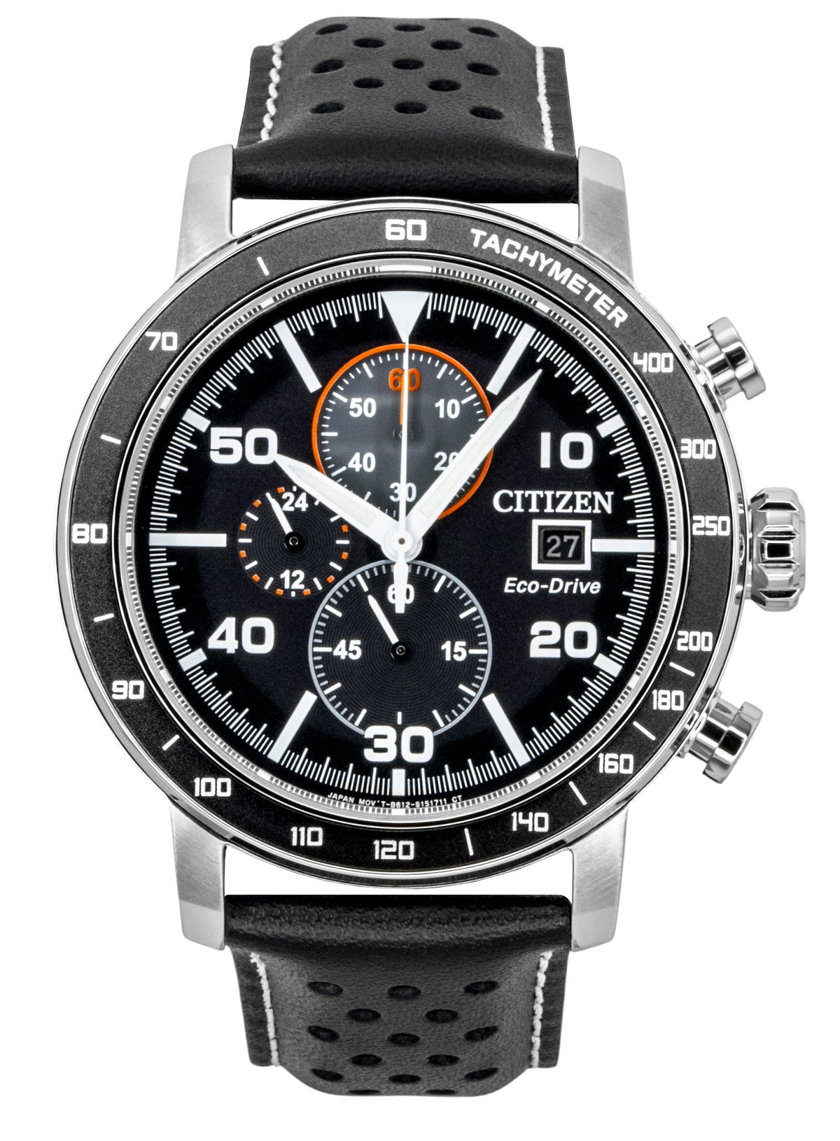 Citizen Brycen Chronograph Leather Strap Black Dial Eco-Drive CA0649-14E 100M Men's Watch