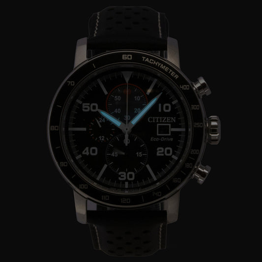 Citizen Brycen Chronograph Leather Strap Black Dial Eco-Drive CA0649-14E 100M Men's Watch