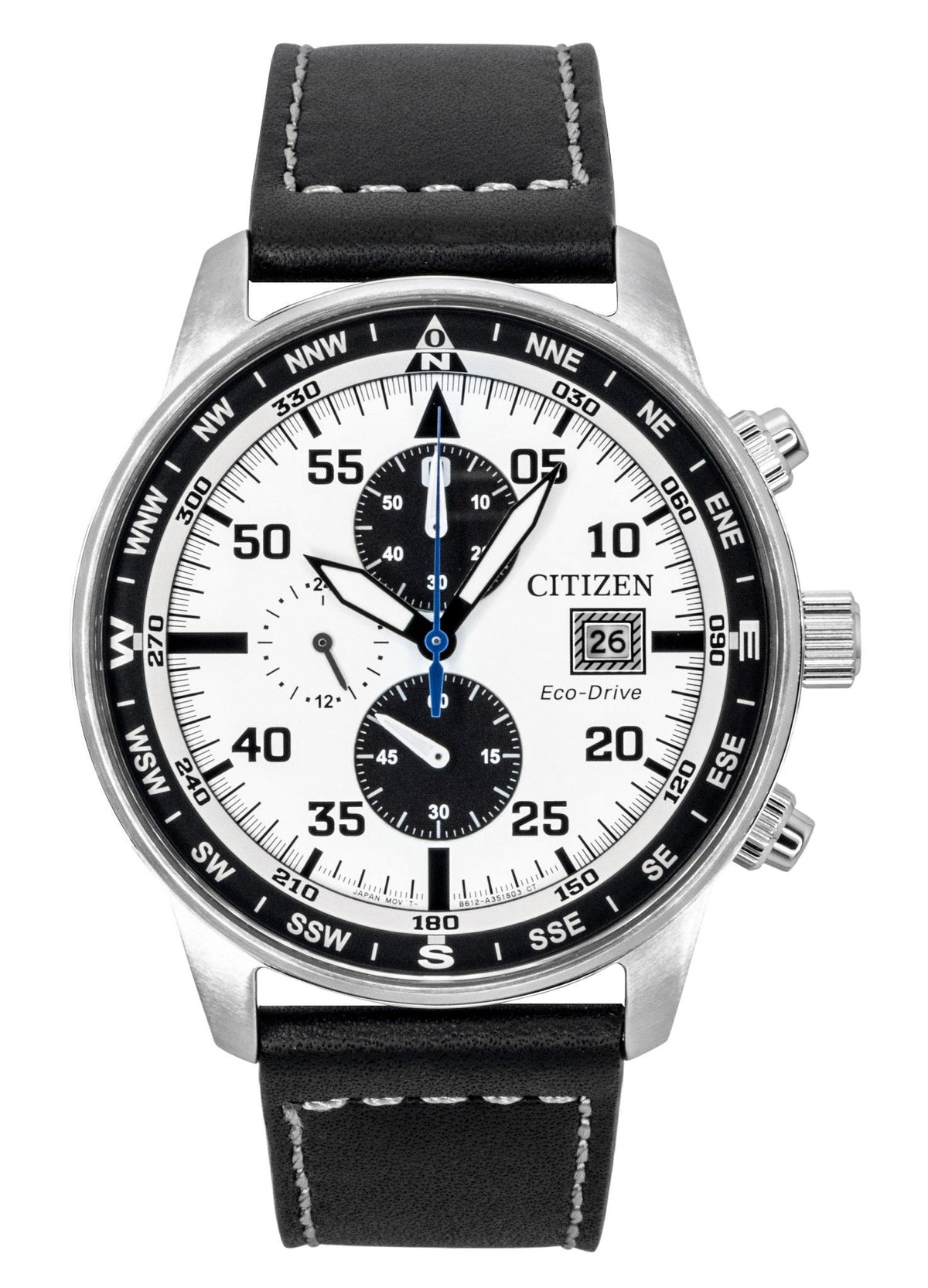 Citizen Eco-Drive Aviator Chronograph Leather Strap White Dial CA0880-07A 100M Men's Watch