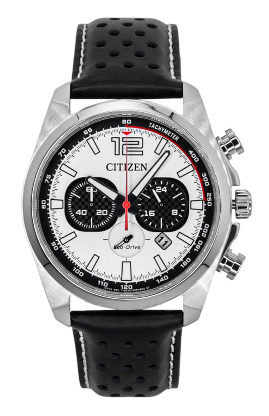 Citizen Eco-Drive Chronograph Leather Strap White Dial CA4640-09A 100M Men's Watch
