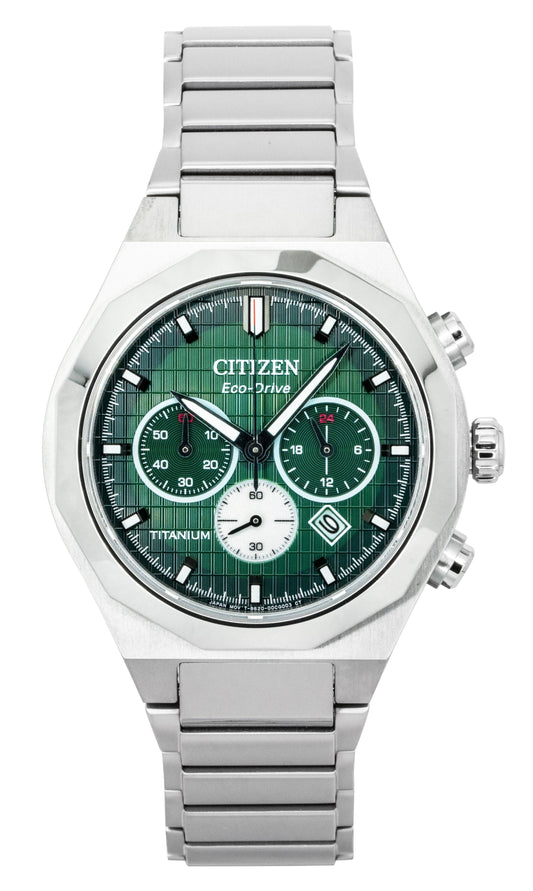 Citizen Zenshin Senkei Chronograph Super Titanium Green Dial Eco-Drive CA4691-59X 100M Men's Watch