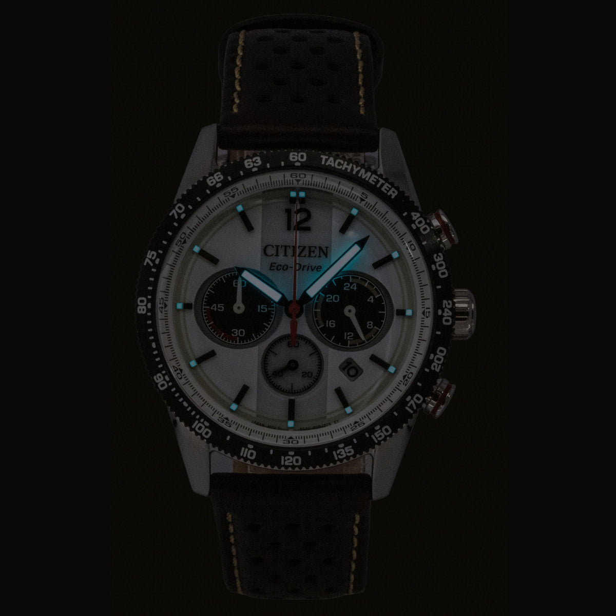 Citizen Eco-Drive Chronograph Analog Brown Leather Strap White Dial Solar CA4714-04A 100M Men's Watch