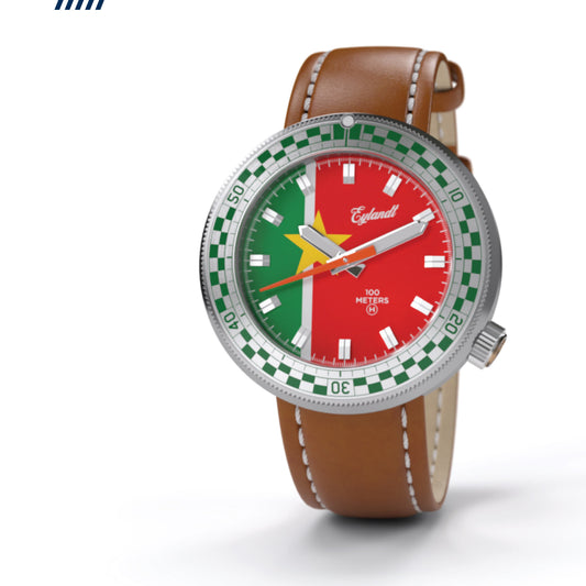 The Snelway SRNM diver's watch with a Burkina Faso flag dial, brushed stainless steel case, checkered green and white bezel, and a brown