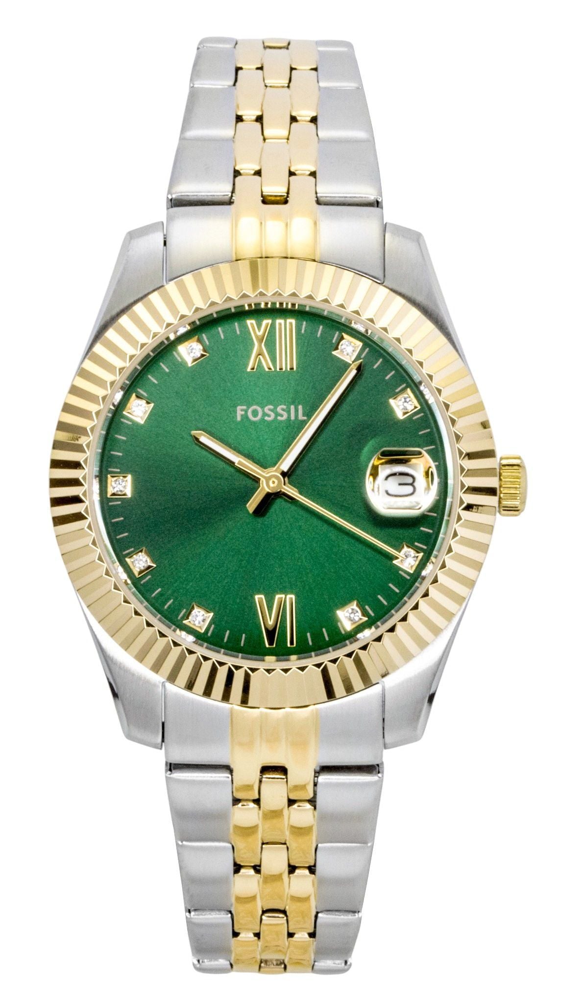 Fossil Scarlette Two Tone Stainless Steel Crystal Accents Green Dial Quartz ES5388 Women's Watch