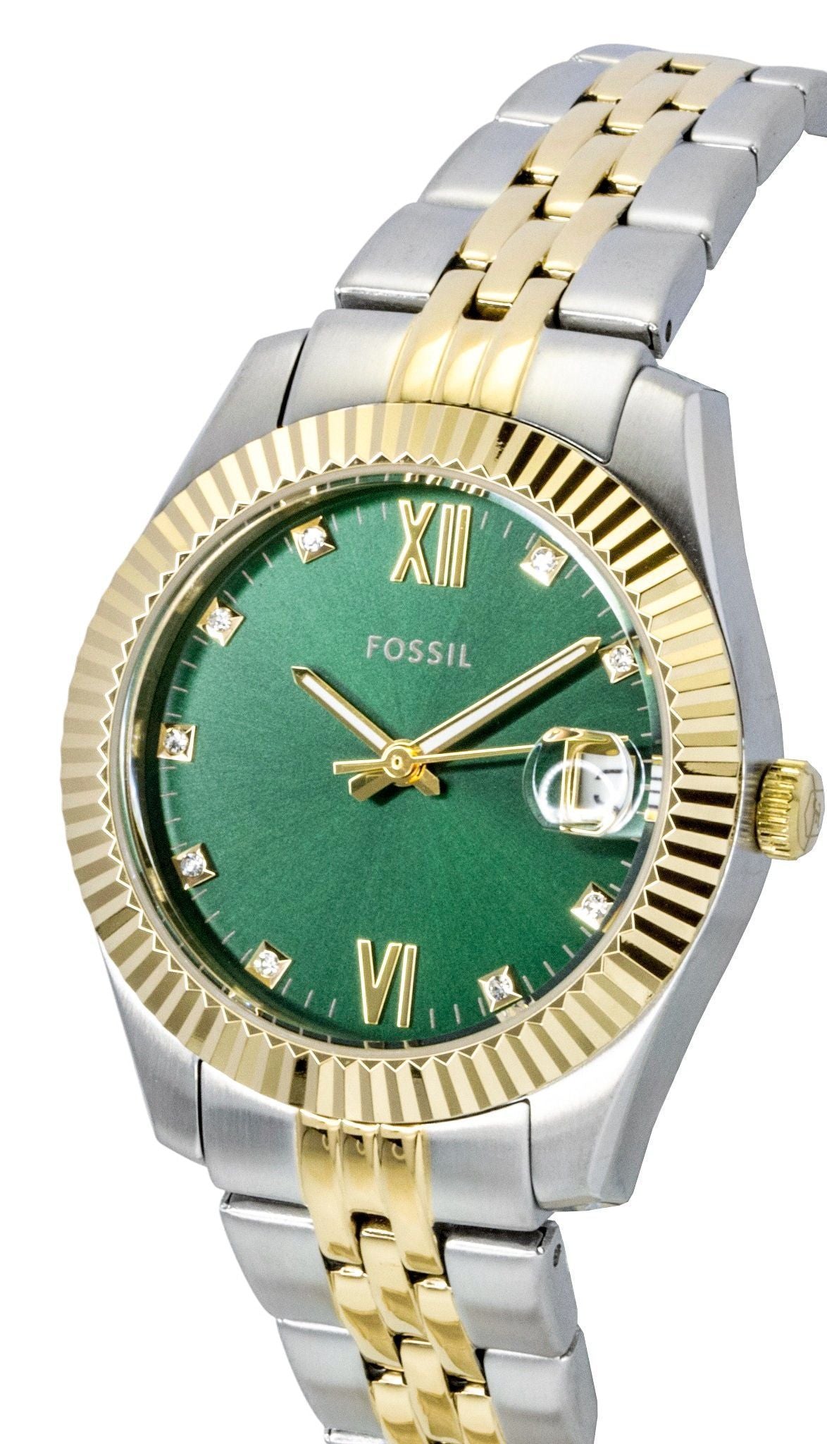 Fossil Scarlette Two Tone Stainless Steel Crystal Accents Green Dial Quartz ES5388 Women's Watch