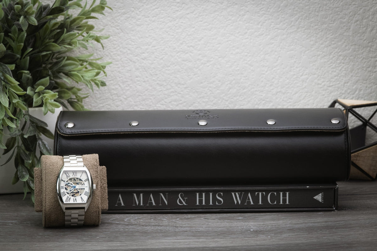 Sable Black Full-grain Cow Leather Watch Roll - 4 Watches