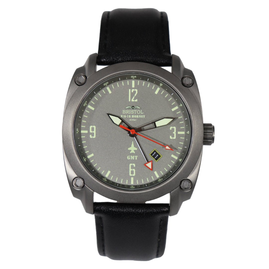 F 18 Hornet Tribute Gun Metal Gray Dial Black Leather Band - Veloce - The App For Watch Collectors