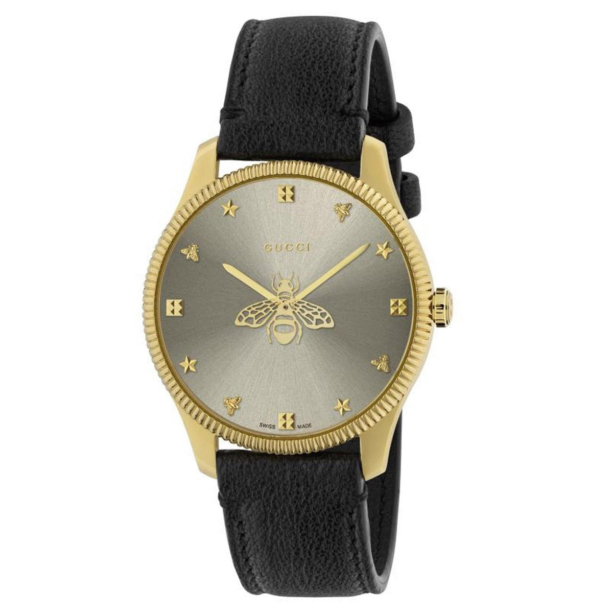 Gucci G Timeless Gold Tone Black Leather Quartz Watch Ya1264181