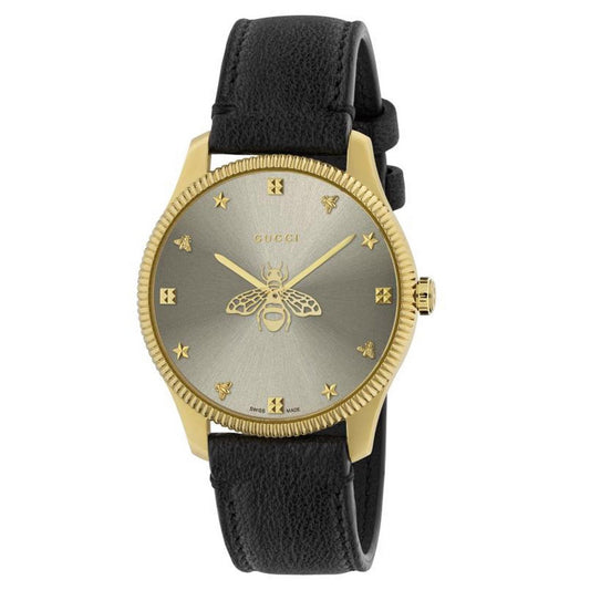 Gucci G Timeless Gold Tone Black Leather Quartz Watch Ya1264181