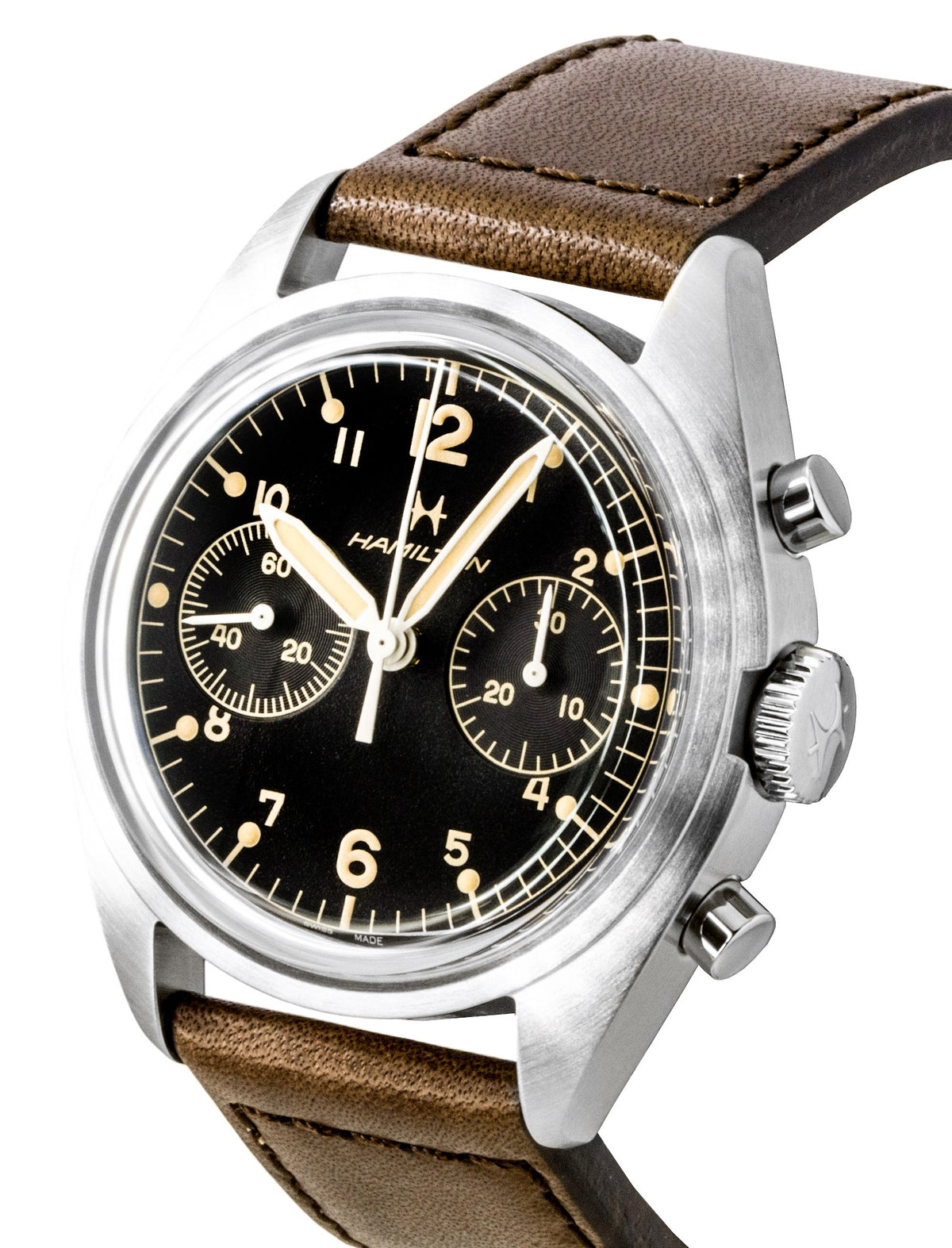 Hamilton Khaki Aviation Pilot Pioneer Chronograph Leather Strap Black Dial Mechanical H76409530 100M Men's Watch