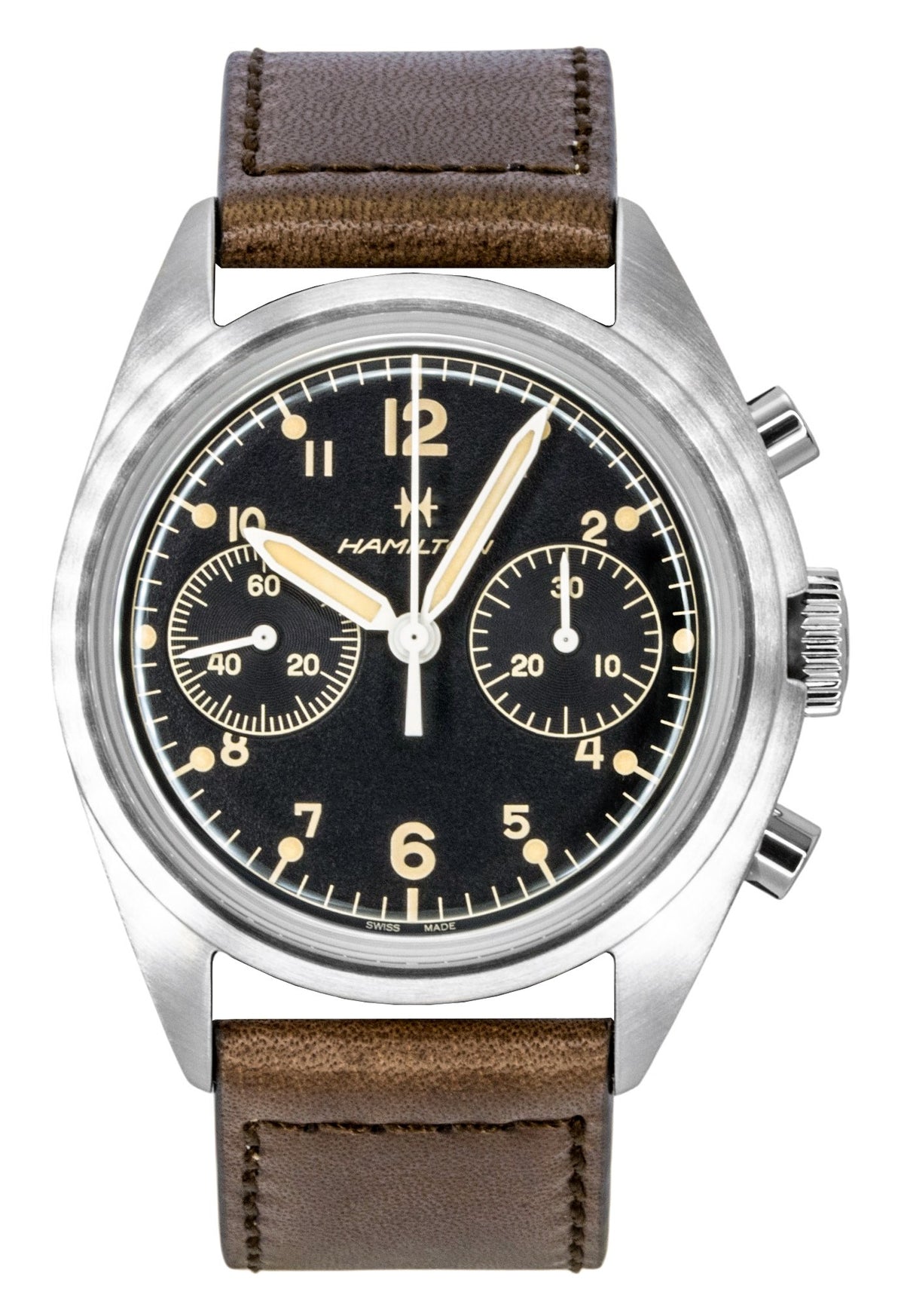 Hamilton Khaki Aviation Pilot Pioneer Chronograph Leather Strap Black Dial Mechanical H76409530 100M Men's Watch