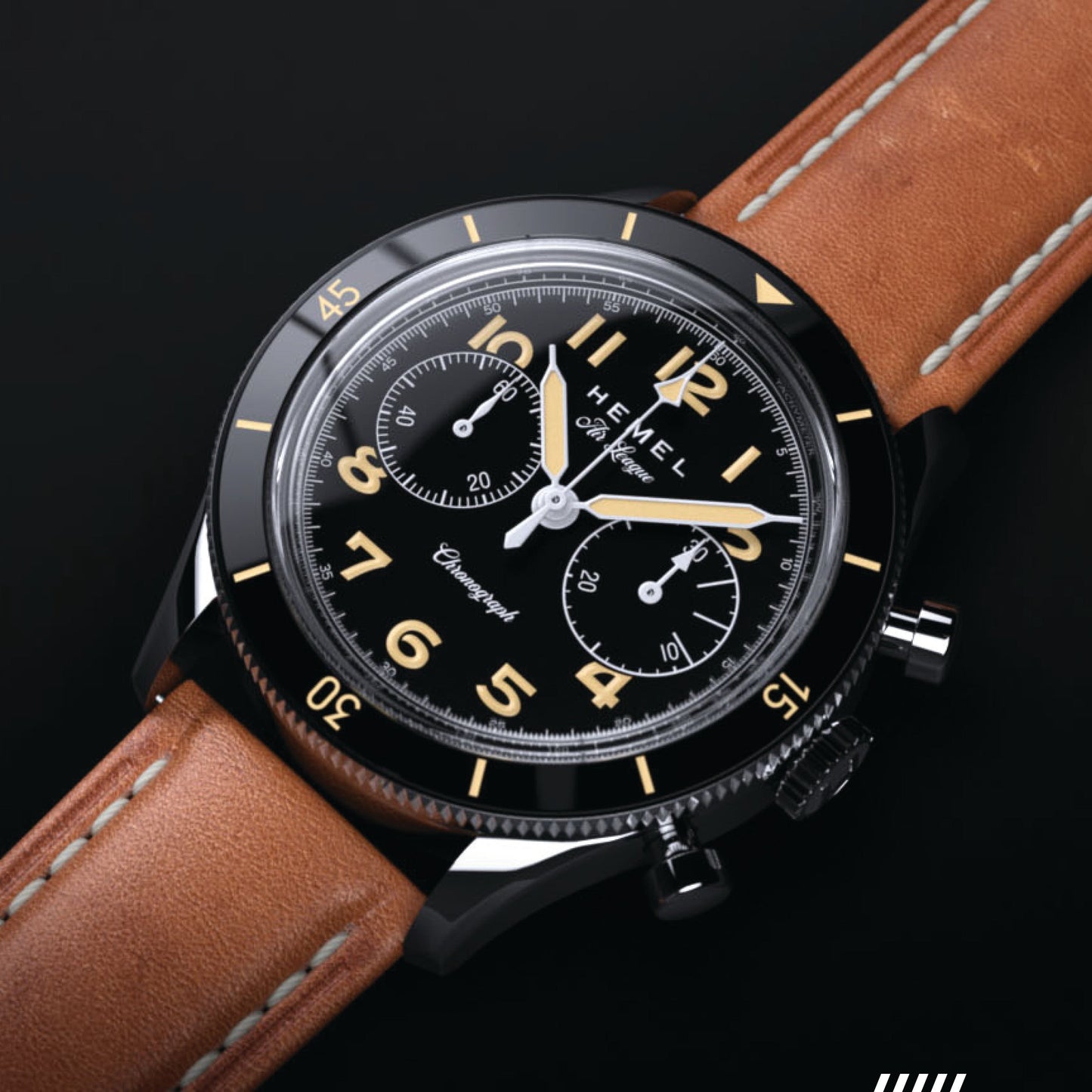 Hemel Air League Special Custom HF Series chronograph with black dial, polished stainless steel case, black bezel, and brown leather strap.