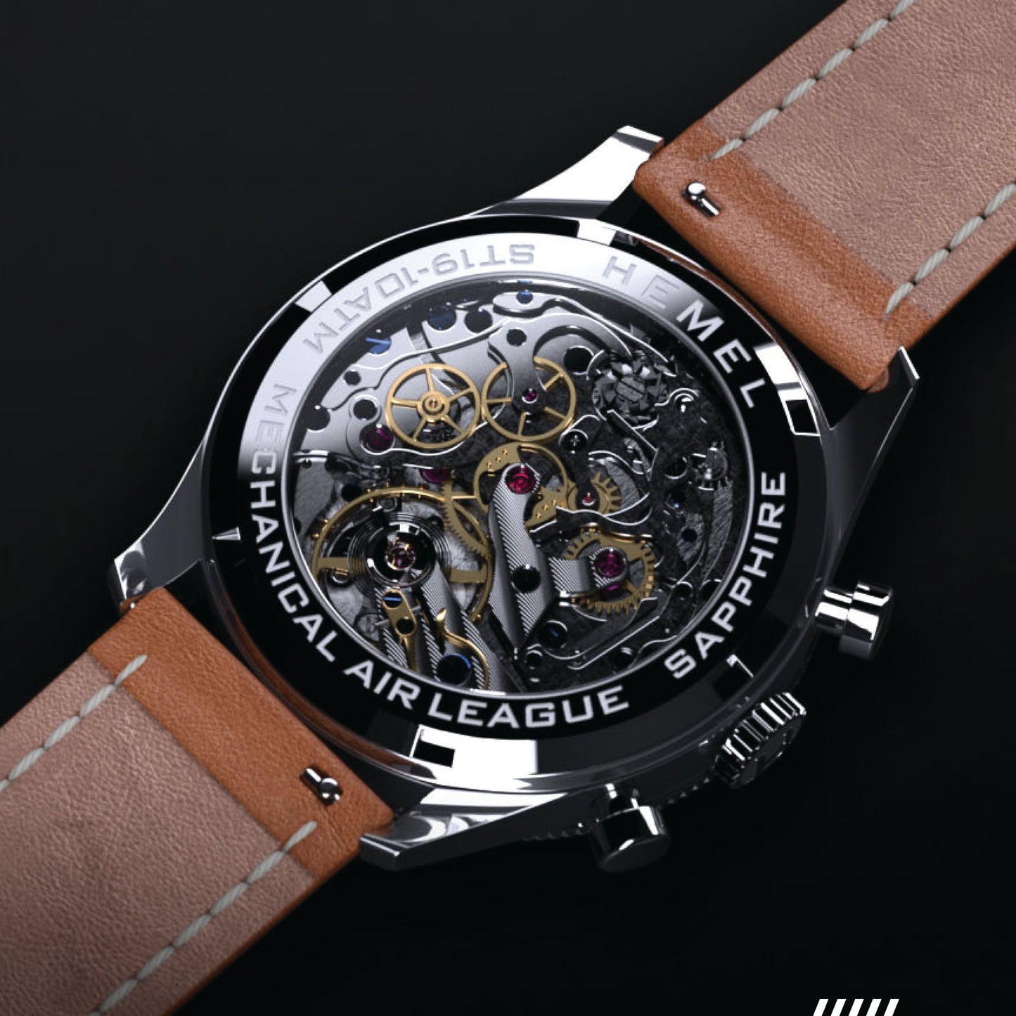 Hemel Air League Special Custom HF Series mechanical watch with visible movement and brown leather strap.