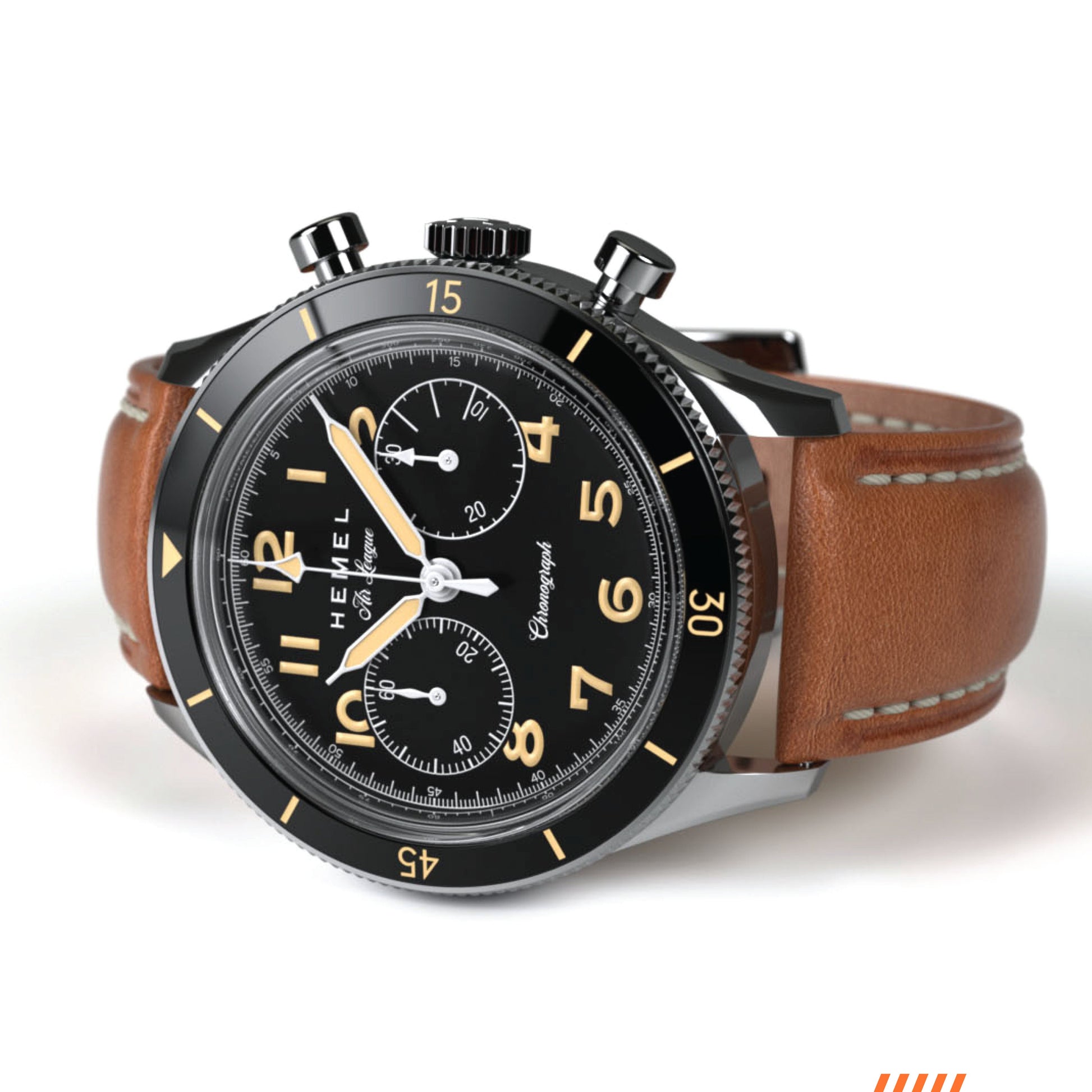 Hemel Air League Special Custom HF Series chronograph with black dial, polished stainless steel case, black bezel, and brown leather strap.
