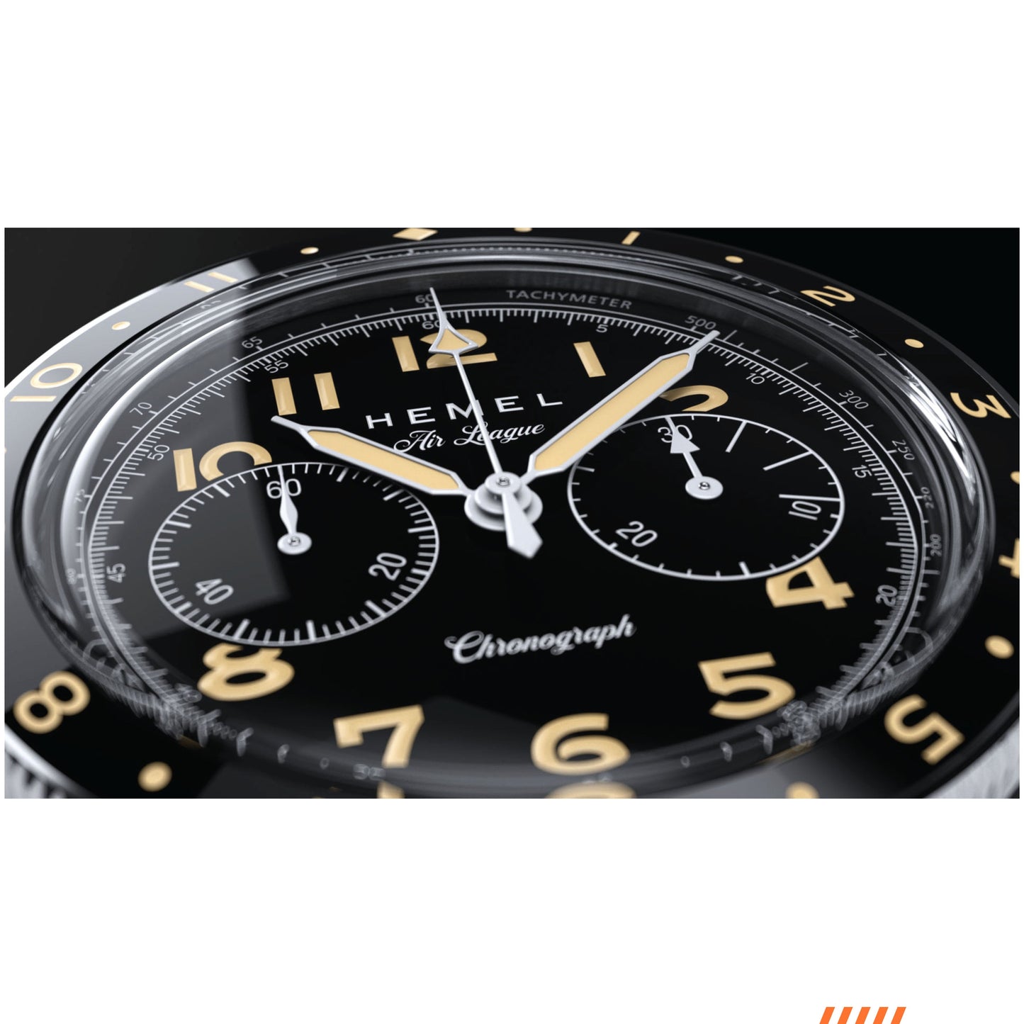 Hemel Air League Special Custom HF Series chronograph with black dial, polished stainless steel case, black bezel, and stainless steel