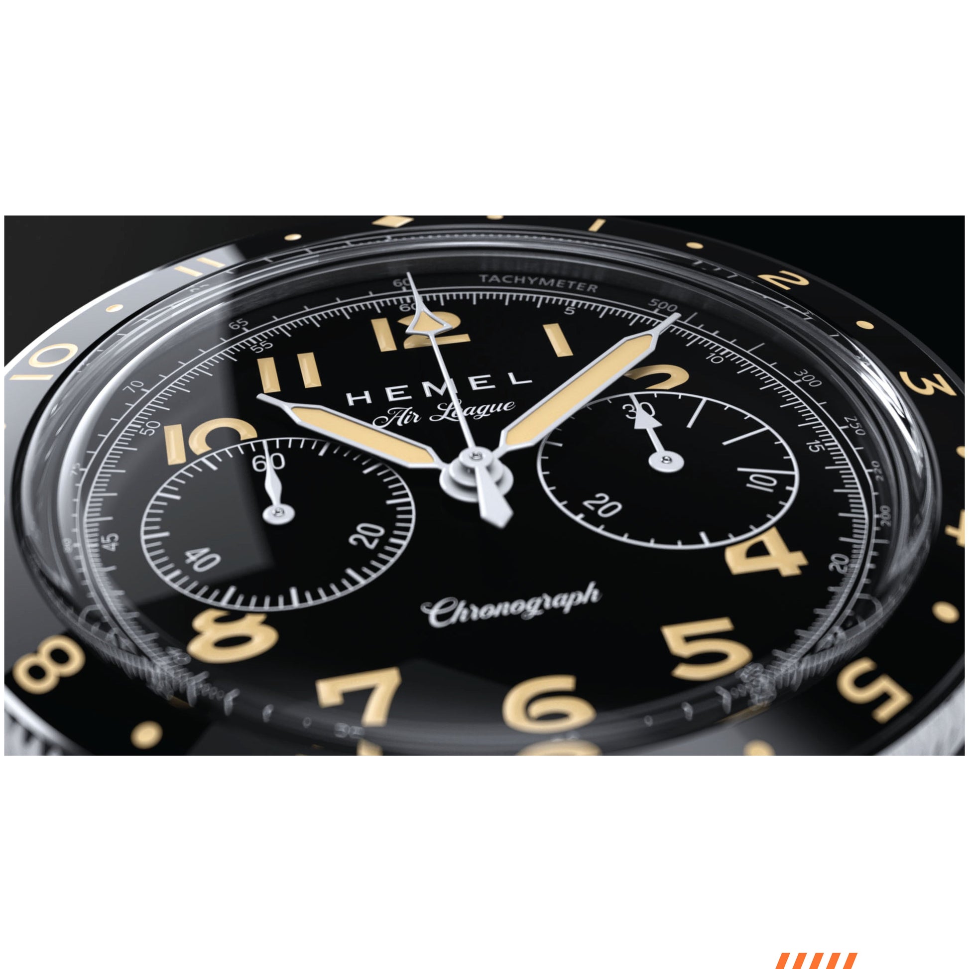 Hemel Air League Special Custom HF Series chronograph with black dial, polished stainless steel case, black bezel, and stainless steel