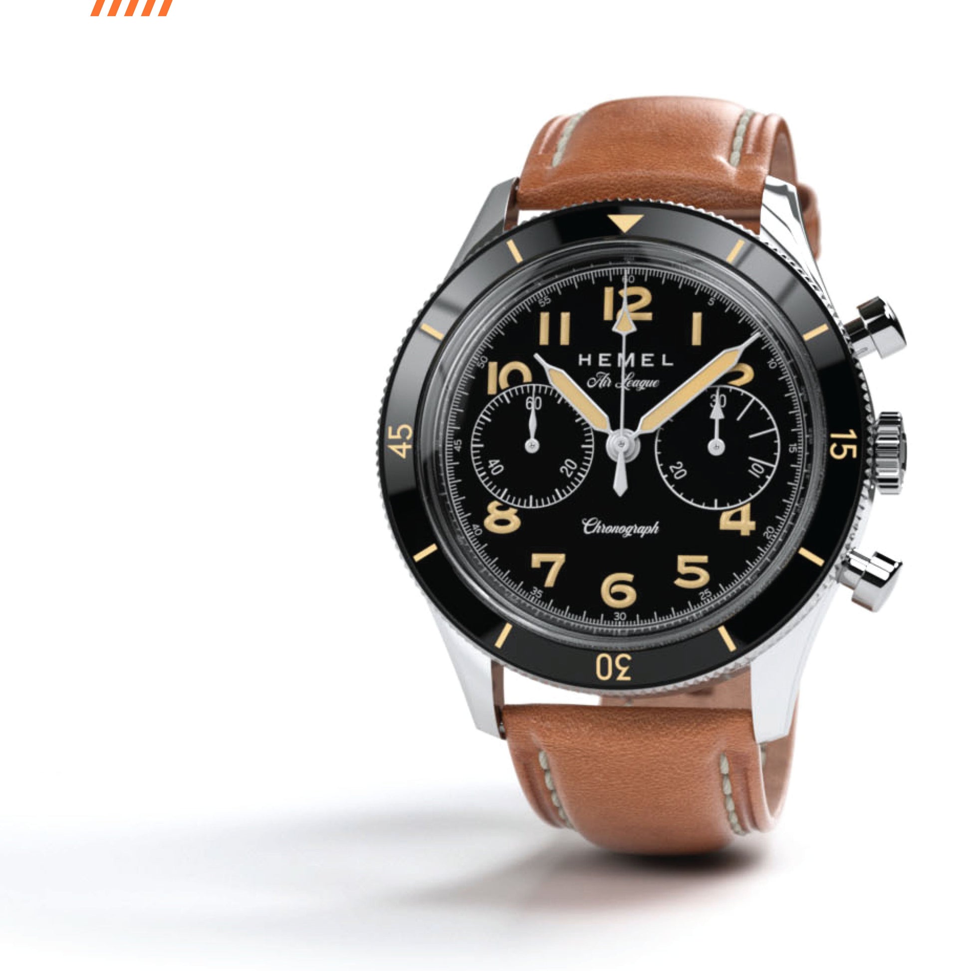Hemel Air League Special Custom HF Series chronograph with black dial, polished stainless steel case, black bezel, and brown leather strap.