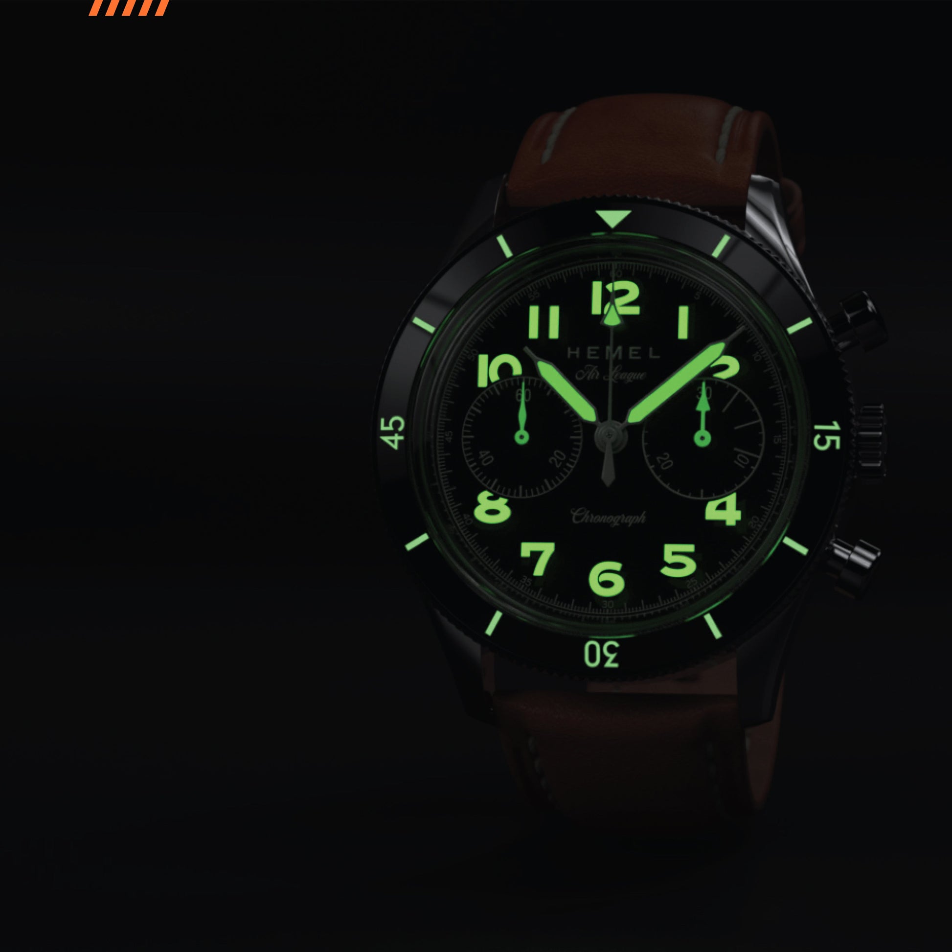 Hemel Air League Special Custom HF Series chronograph with black luminous dial, black case, and brown leather strap.