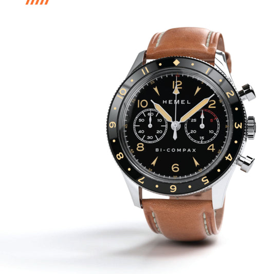 Hemel Air Wing chronograph with black dial, polished stainless steel case, black bezel, and brown leather strap.