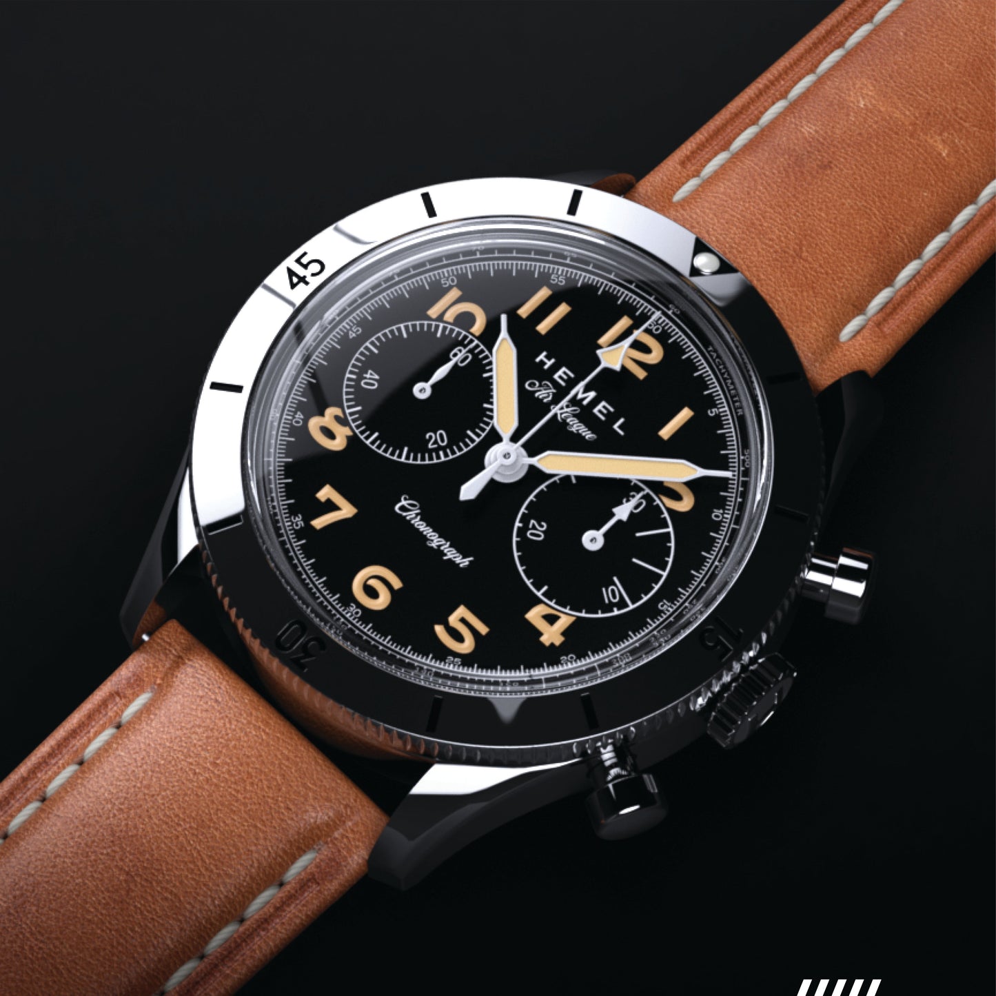 Hemel Air League chronograph with black dial, polished stainless steel case, black bezel, and tan leather strap.