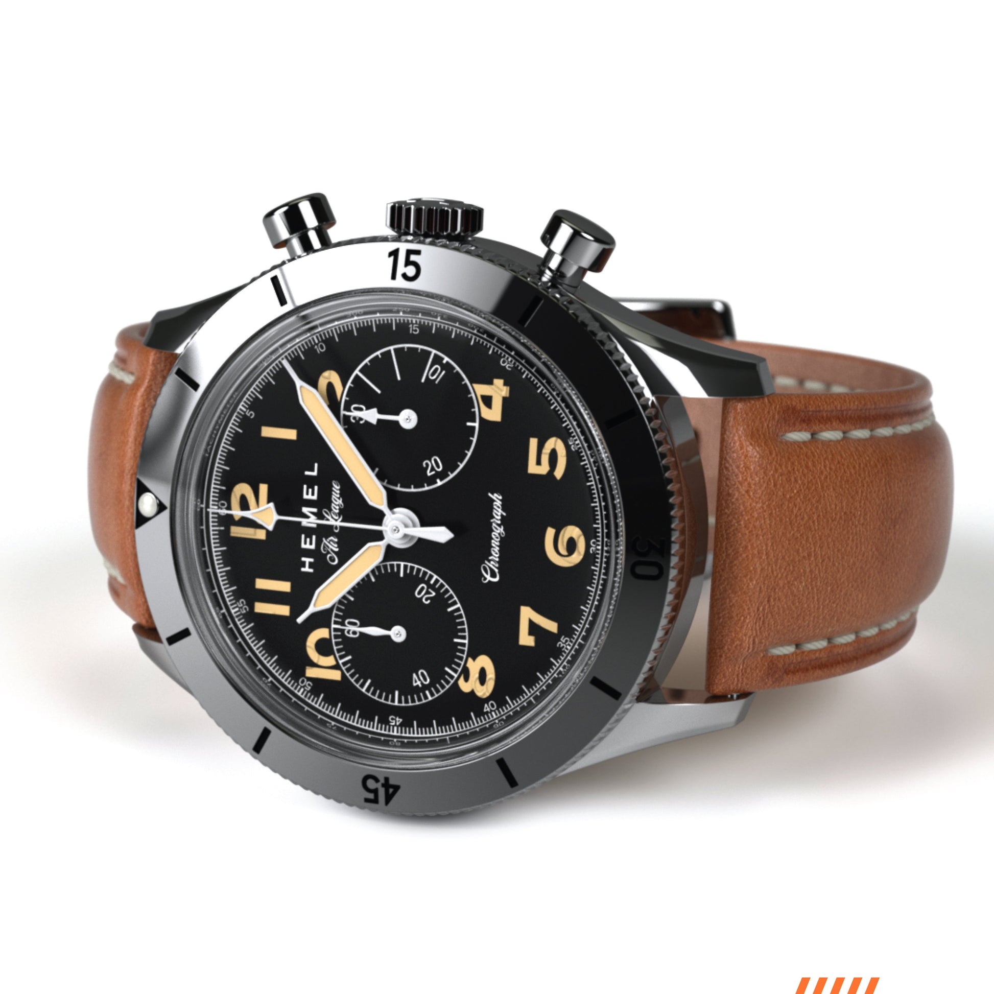 Hemel Air League Special Custom HF Series chronograph with black dial, polished stainless steel case, black bezel, and brown leather strap.