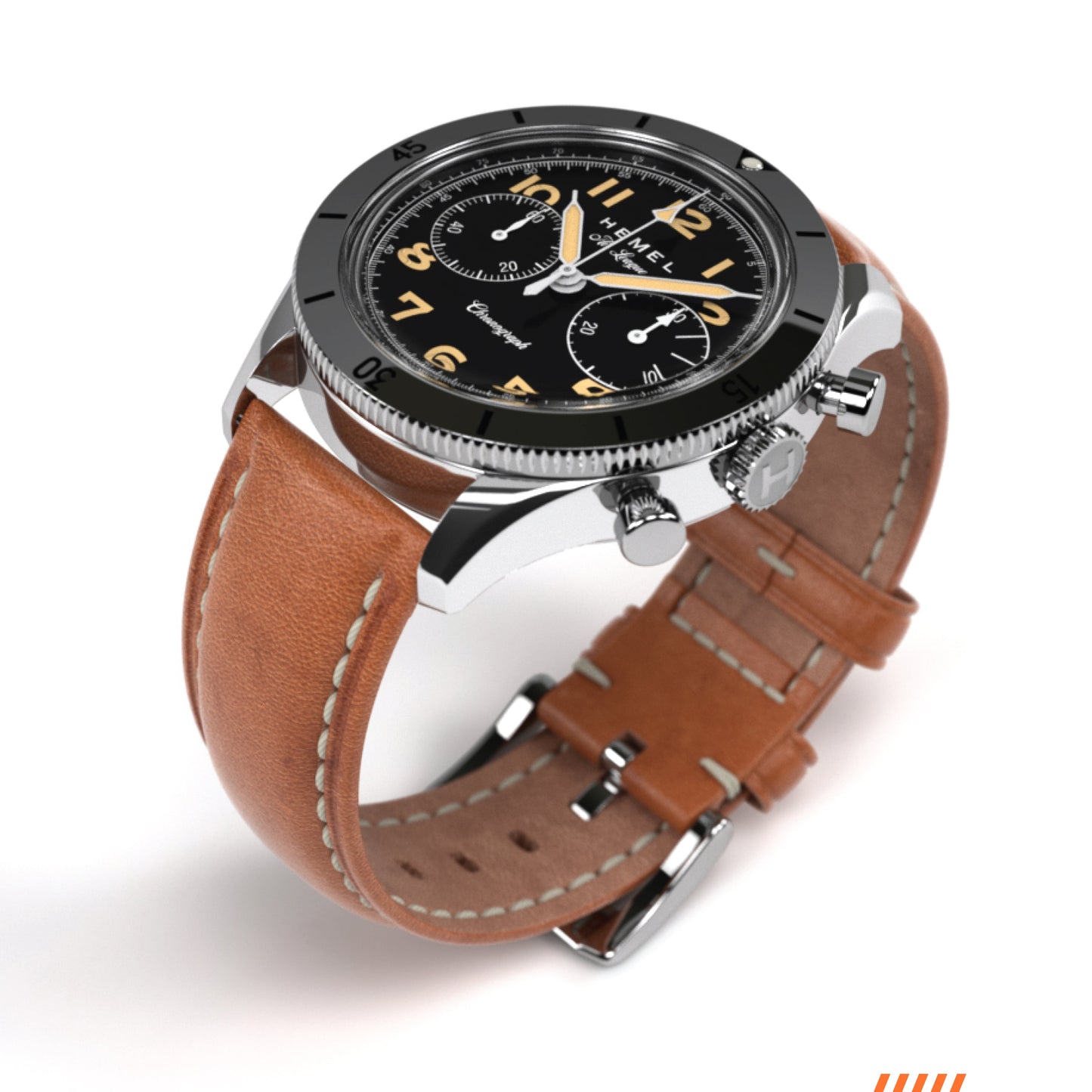 Hemel Air League Special Custom HF Series chronograph with black dial, polished stainless steel case, black bezel, and brown leather strap.