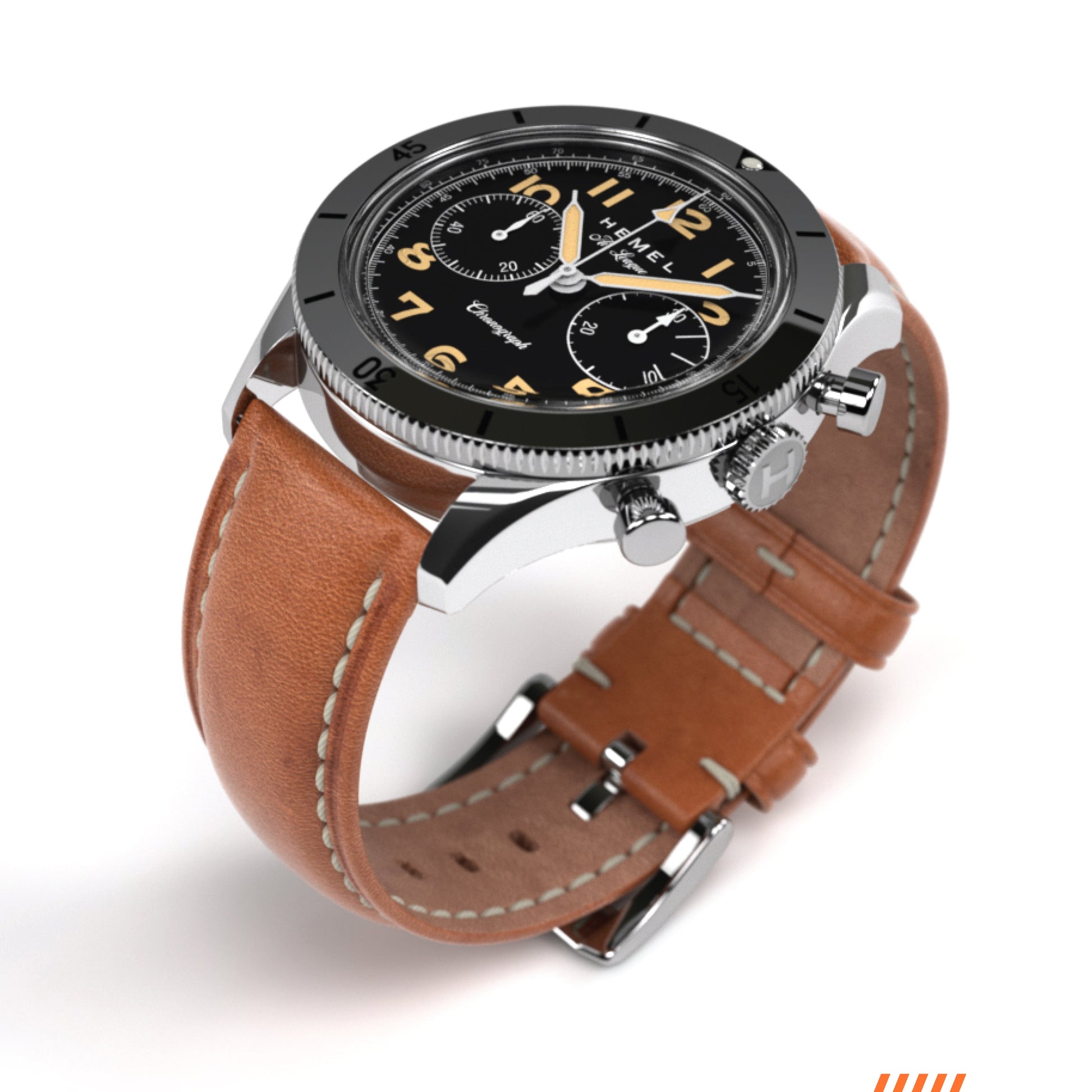 Hemel Air League Special Custom HF Series chronograph with black dial, polished stainless steel case, black bezel, and brown leather strap.