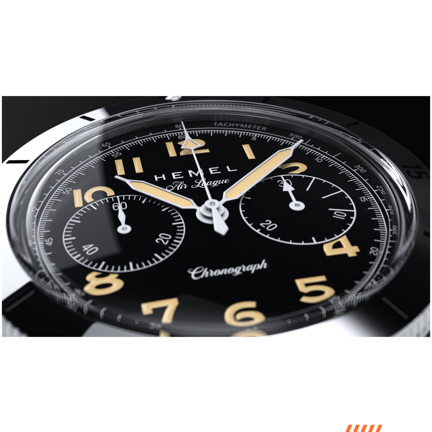 Hemel Air League chronograph with black dial, polished stainless steel case, and black leather strap.