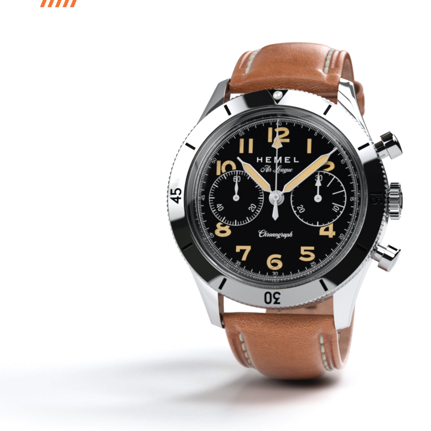 Hemel Air League Special Custom HF Series chronograph with black dial, polished stainless steel case, rotating bezel, and brown leather