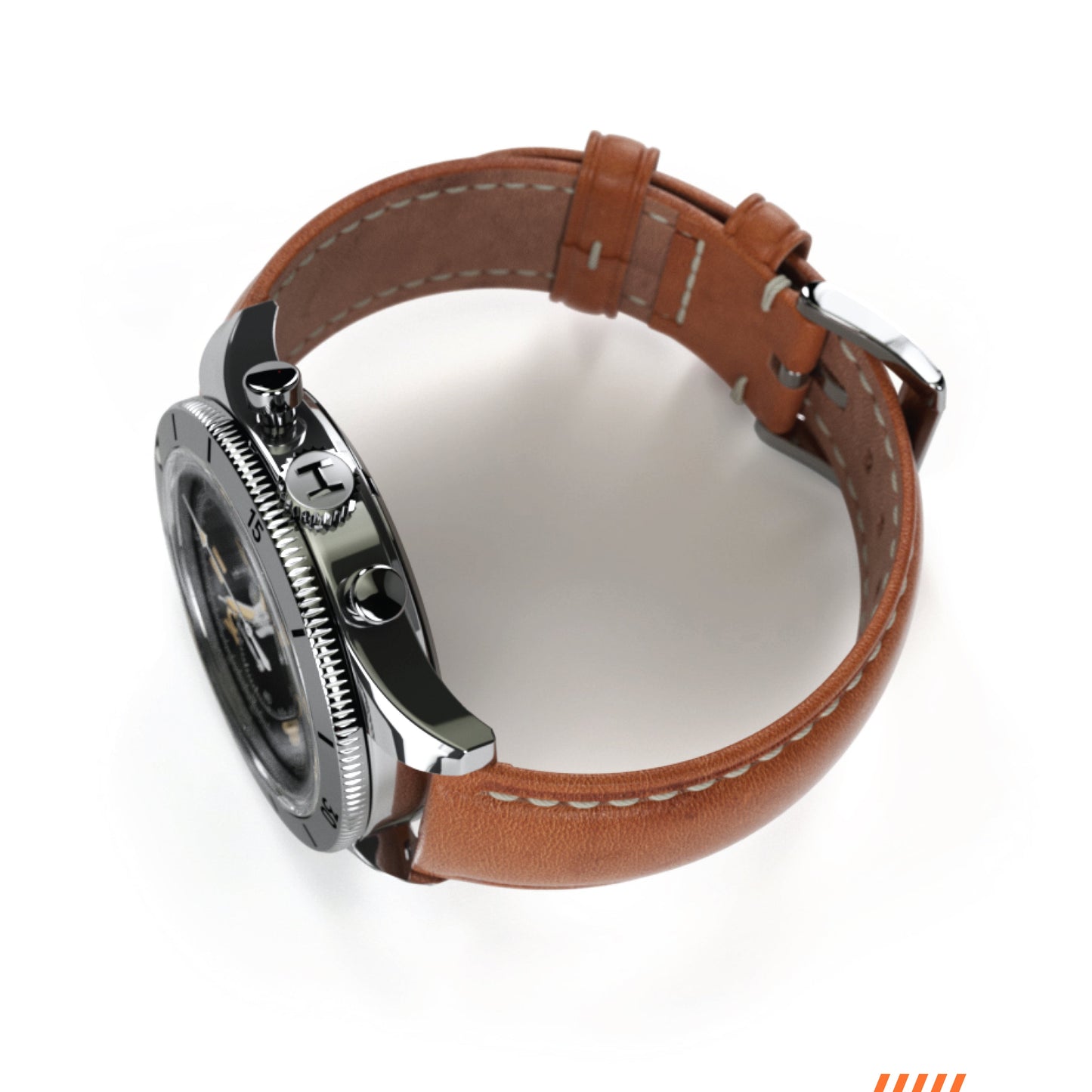 Hemel Air League Special Custom HF Series with black dial, polished stainless steel case, black rotating bezel, and brown leather strap.
