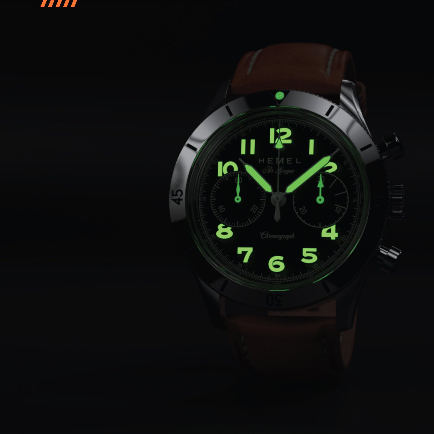 Hemel Air League Special Custom HF Series chronograph with a black luminous dial, polished stainless steel case, and brown leather strap.