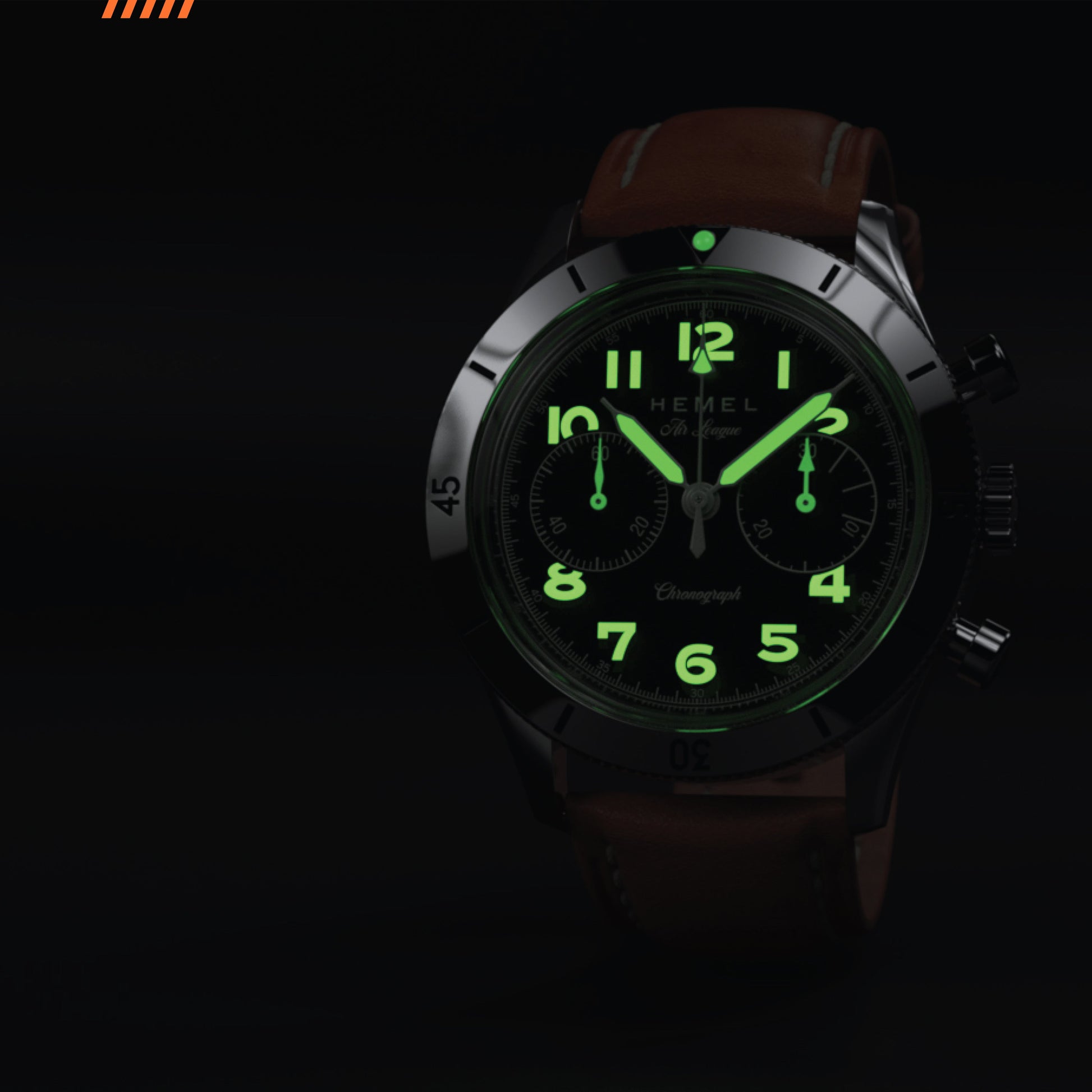 Hemel Air League Special Custom HF Series chronograph with a black luminous dial, polished stainless steel case, and brown leather strap.