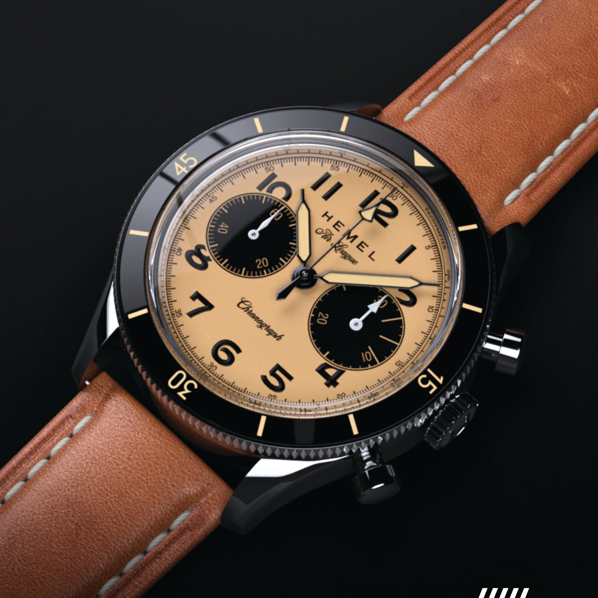 Hemel Air League Special Custom HF Series chronograph with tan dial, black case, black bezel, and brown leather strap.