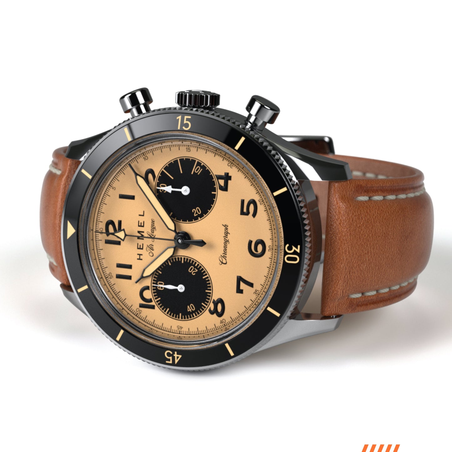 Hemel Air League Special Custom HF Series chronograph with beige dial, polished stainless steel case, black bezel, and brown leather strap.