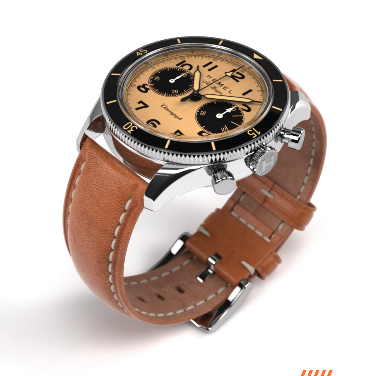 Hemel Air League Special Custom HF Series chronograph with a tan dial, polished stainless steel case, black bezel, and brown leather strap.