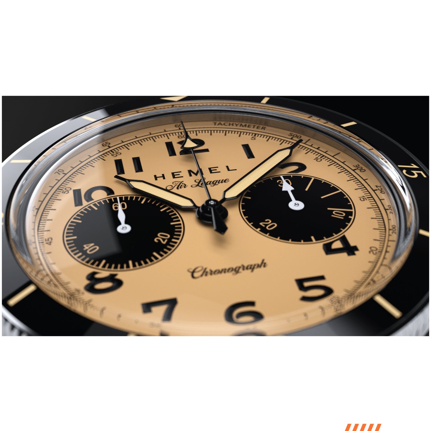Hemel Air League chronograph with a tan dial, polished stainless steel case, black bezel, and black leather strap.
