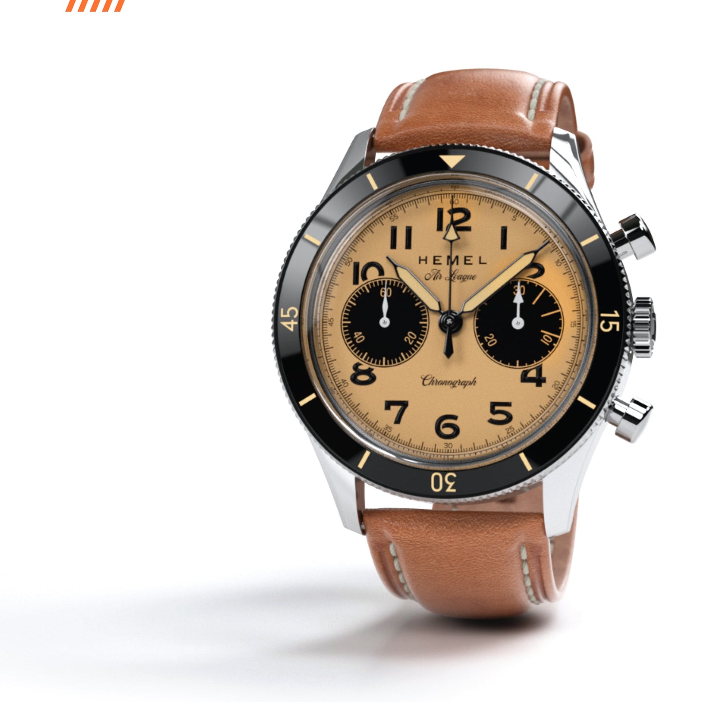 Hemel Air League Special Custom HF Series chronograph with a tan dial, polished stainless steel case, black bezel, and brown leather strap.