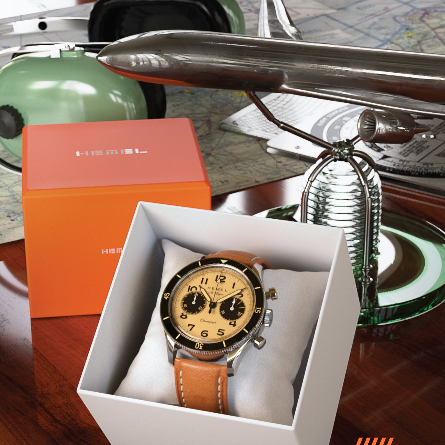Hemel Air League Special Custom HF Series chronograph with beige dial, polished stainless steel case, black bezel, and brown leather strap.
