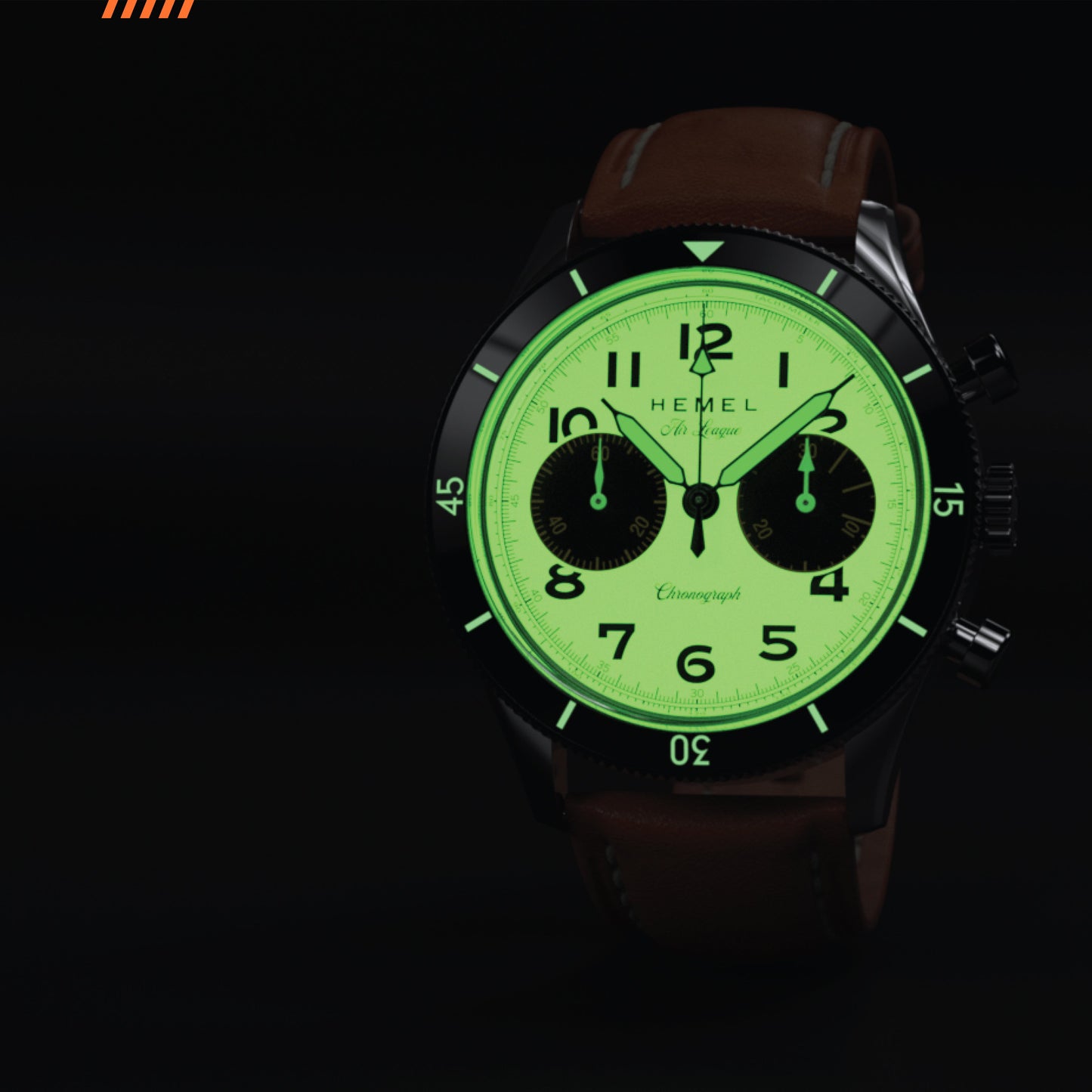 Hemel Air League Special Custom HF Series chronograph with glowing green dial, black case, and brown leather strap.