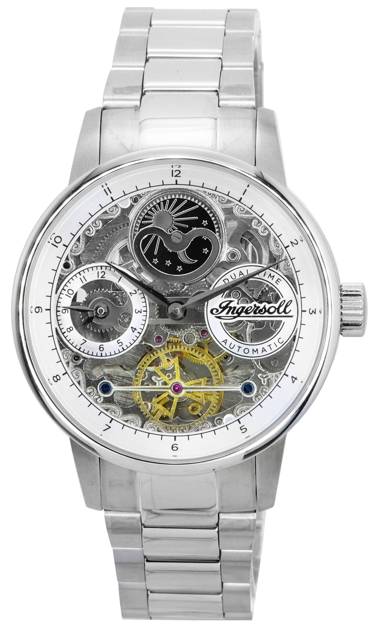 Ingersoll The Jazz Sun and Moon Phase Stainless Steel Skeleton Silver Dial Automatic I07703 Men's Watch