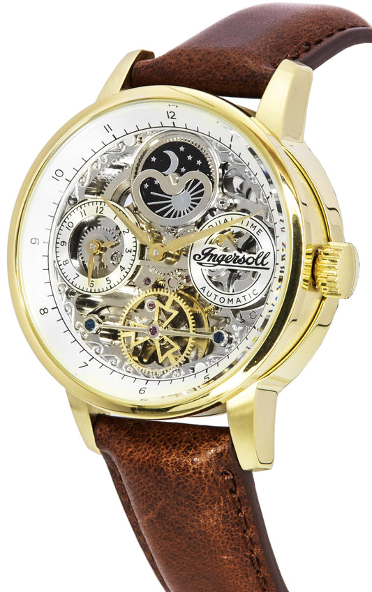 Ingersoll The Jazz Moon Phase Leather Strap Skeleton Gold Dial Automatic I07704 Men's Watch