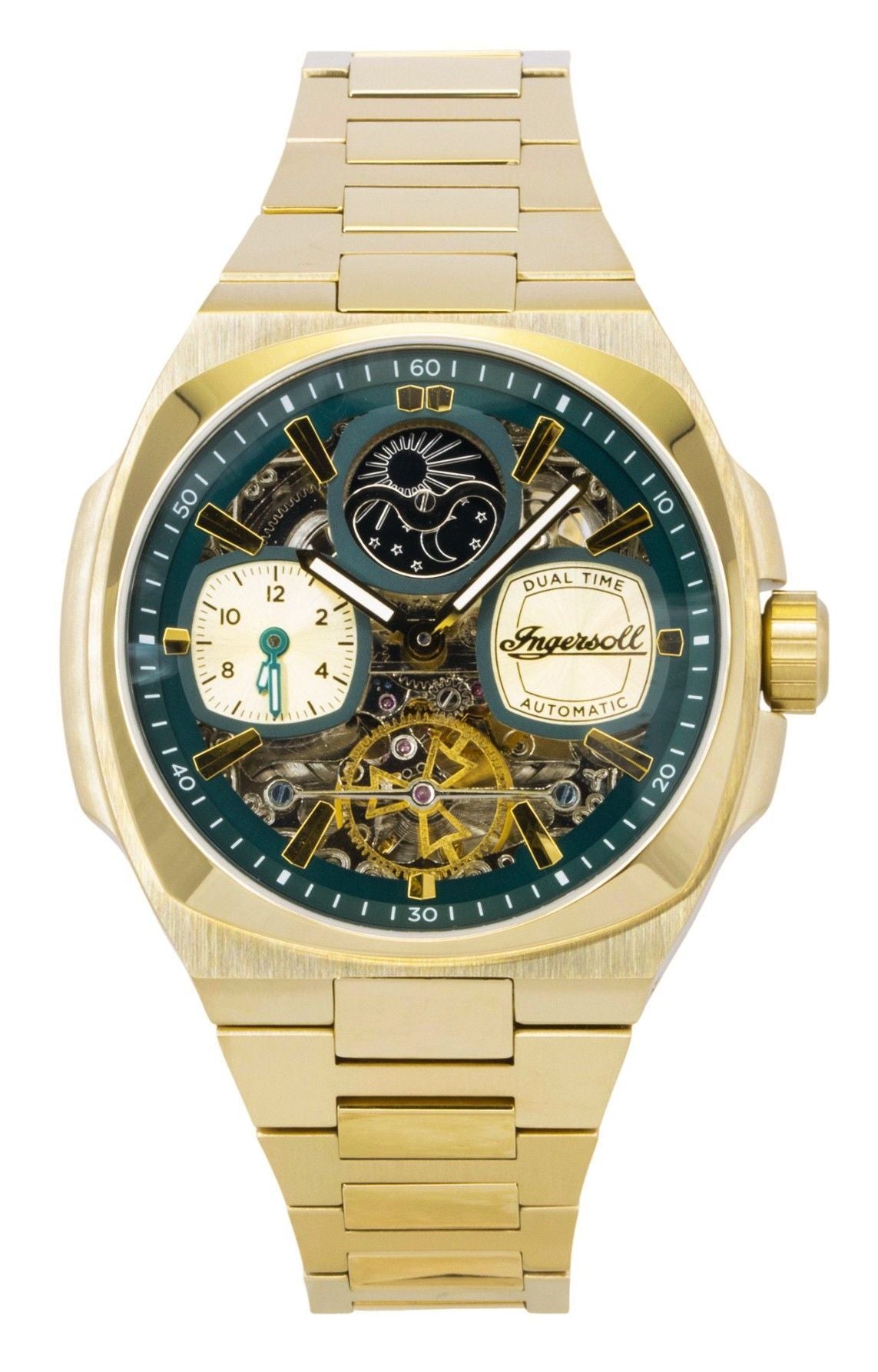 Ingersoll The Spirit Gold Tone Stainless Steel Green Skeleton Dial Automatic I15803 Men's Watch