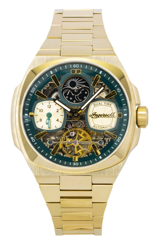 Ingersoll The Spirit Gold Tone Stainless Steel Green Skeleton Dial Automatic I15803 Men's Watch