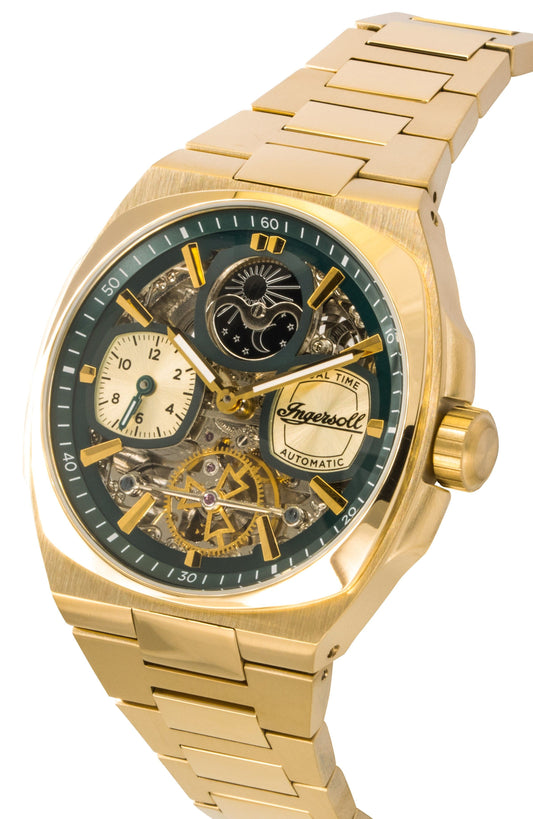 Ingersoll The Spirit Gold Tone Stainless Steel Green Skeleton Dial Automatic I15803 Men's Watch