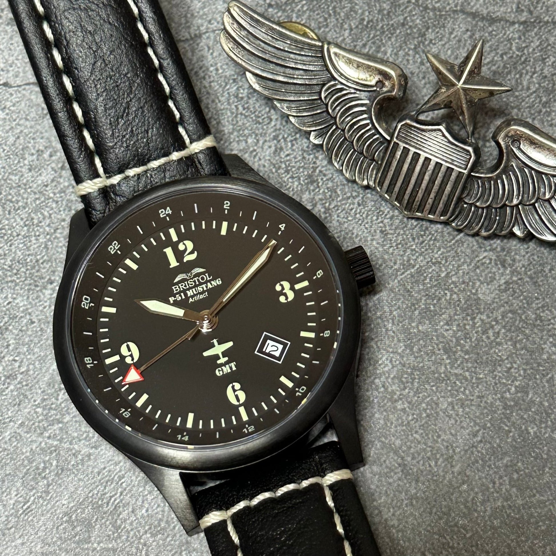 P51 Mustang Tribute Watch Steel Black Leather Classic Band - Veloce - The App For Watch Collectors