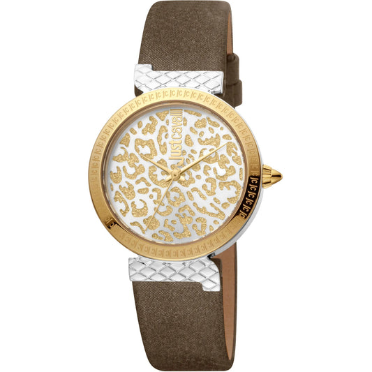 Just Cavalli Vibrazioni Leather Brown Yellow Gold Leopard Glitter