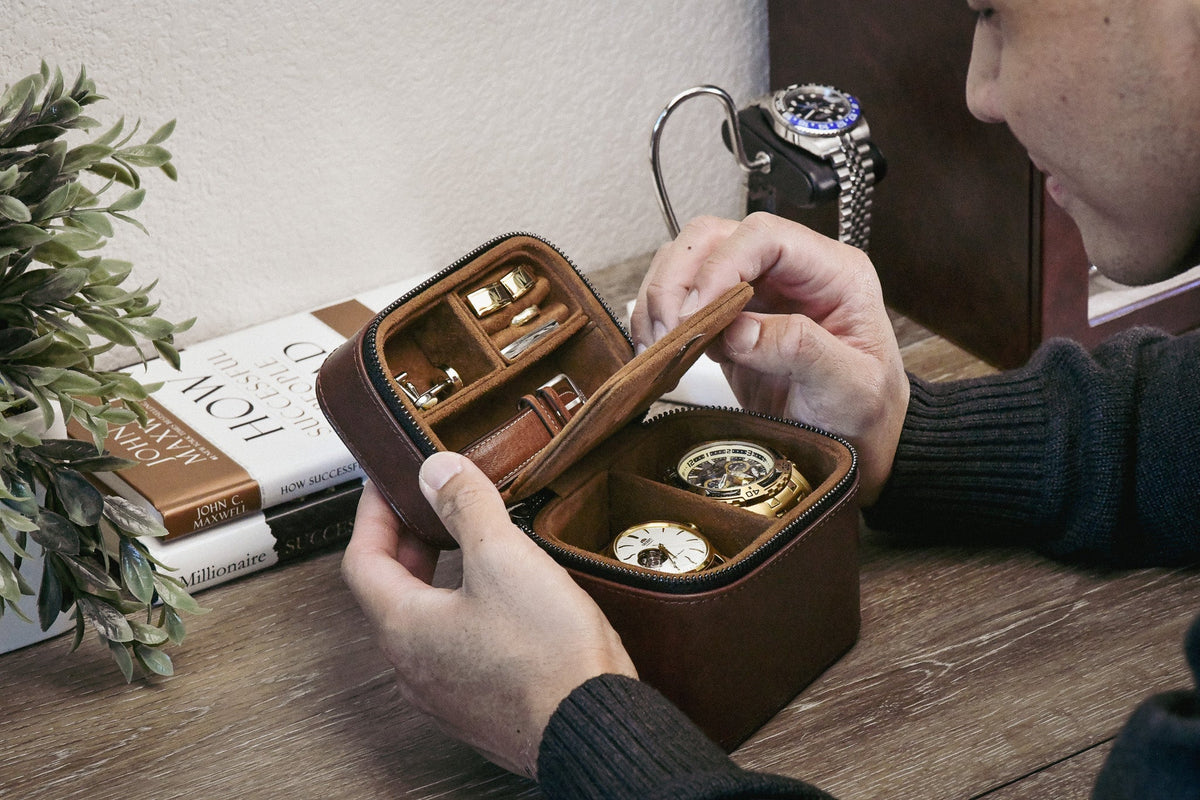 Watch and Jewelry Travel Case -  Coffee Brown Leather